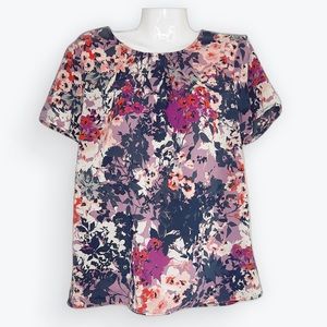 Ann Taylor Womens M Purple Navy Floral Print Blouse Short Sleeve Top